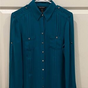 White House Black Market Womens Teal Blue 100% Silk Long Sleeve Top Size 6